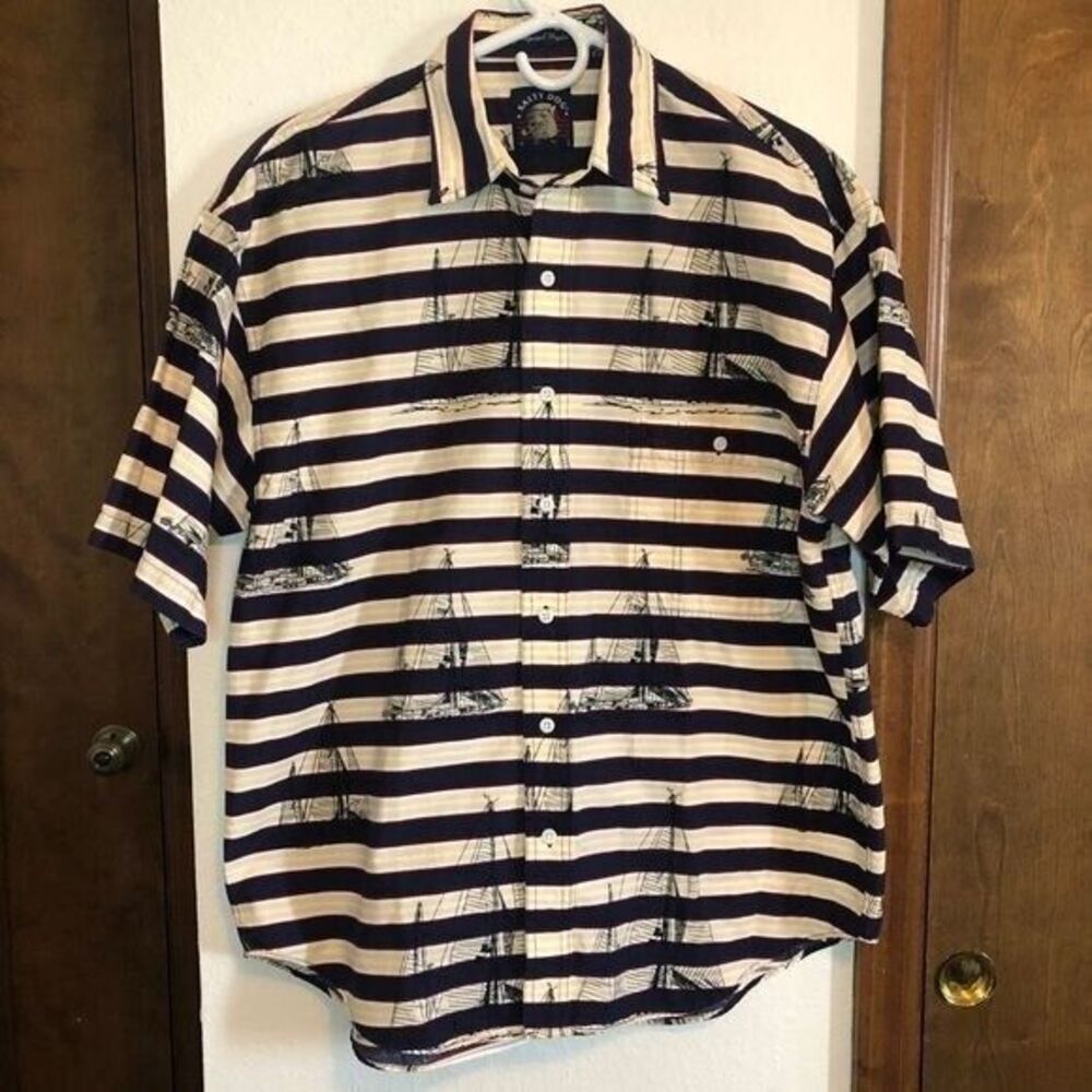 Salty Dog Gant Men's Medium Navy Yellow‎ Striped Nautical Sailing Short Sleeve - Picture 3 of 16